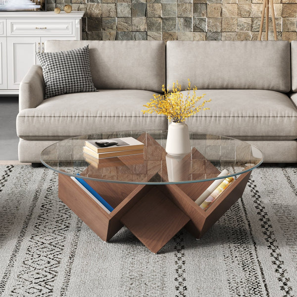 English Elm The Round Coffee Table 35.4" — Glass Top, Geometric Art Deco Walnut Base with Integrated Storage Shelves N735P350383D