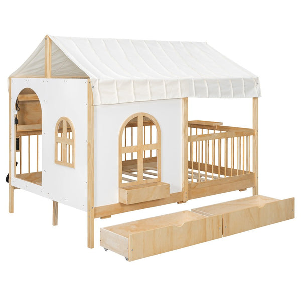 English Elm Full Size Kids House Bed with Led Bookshelf Storage Drawers and Charging Station Natural LP000378AAN