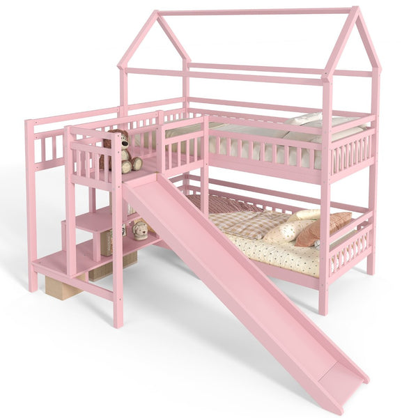 English Elm Full Bunk Bed with Trundle Bookshelf Storage Pine Frame Car Design for Kids W1580S00302