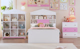 English Elm Twin Size House-Shaped Wooden Bed With Storage Shelf On The Headboard, Built-In Two Storage Drawers, Pink