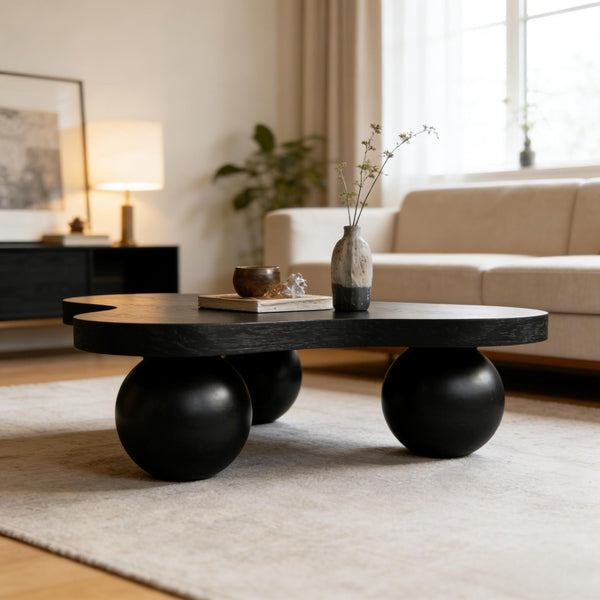 English Elm 46 Inch Cloud Shaped Coffee Table with Ash Veneer Top and Sculptural Sphere Legs Black W3935S00006