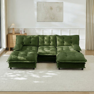 English Elm 107" U Shaped Chenille Sectional Cloud Sofa with Ottomans Deep Seat Modular Living Room Green W714S01730