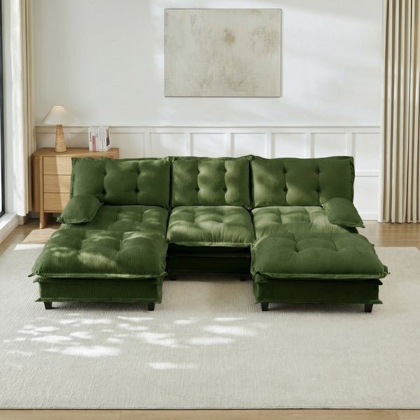 English Elm 107" U Shaped Chenille Sectional Cloud Sofa with Ottomans Deep Seat Modular Living Room Green W714S01730