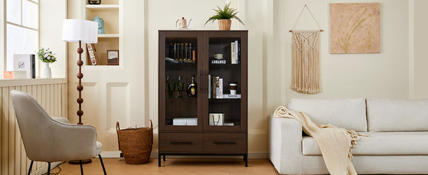 English Elm 60'' Tall Display Cabinet with LED Lighting, Tempered Glass Doors, 4 Adjustable Shelves & Drawers Black + Dark Walnut N845P261801D