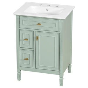 English Elm 24-Inch Bathroom Vanity with Sink, Solid Wood & MDF, Ceramic Top, Gold Handles, Flip Drawer Design Green N725P350824F