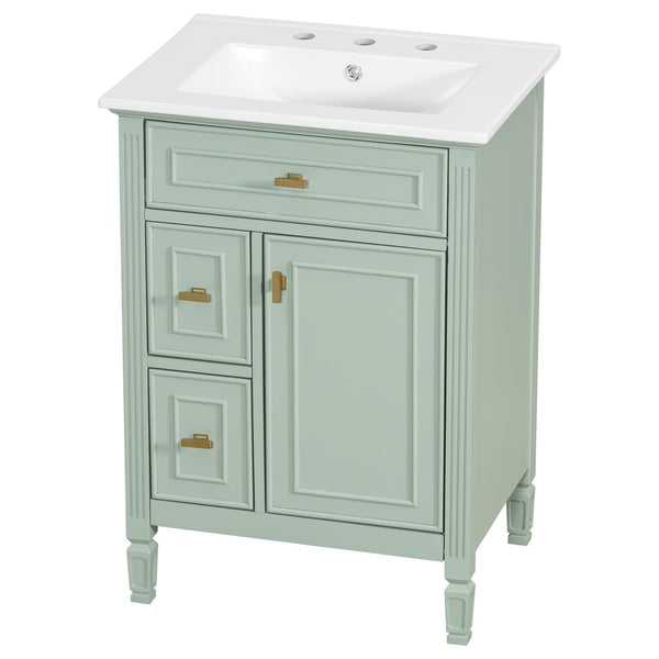 English Elm 24-Inch Bathroom Vanity with Sink, Solid Wood & MDF, Ceramic Top, Gold Handles, Flip Drawer Design Green N725P350824F