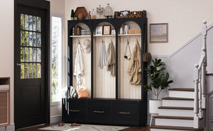 English Elm Farmhouse Hall Tree with Arched Panels Bench Drawers and Hooks for Mudroom Entryway Black W5271S00005