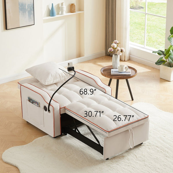English Elm Sleeper Sofa Chair Velvet Convertible Armchair with Usb Charging for Small Spaces Beige W1359P458682
