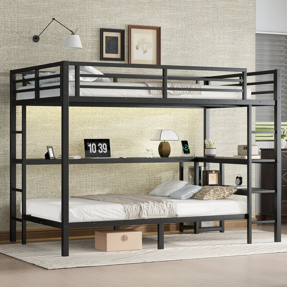 English Elm Full Over Twin Bunk Bed With Integrated Desk, Led Lighting & Usb Ports, Versatile Black Metal Design W1580S00127