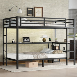 English Elm Full Over Twin Bunk Bed With Integrated Desk, Led Lighting & Usb Ports, Versatile Black Metal Design W1580S00127
