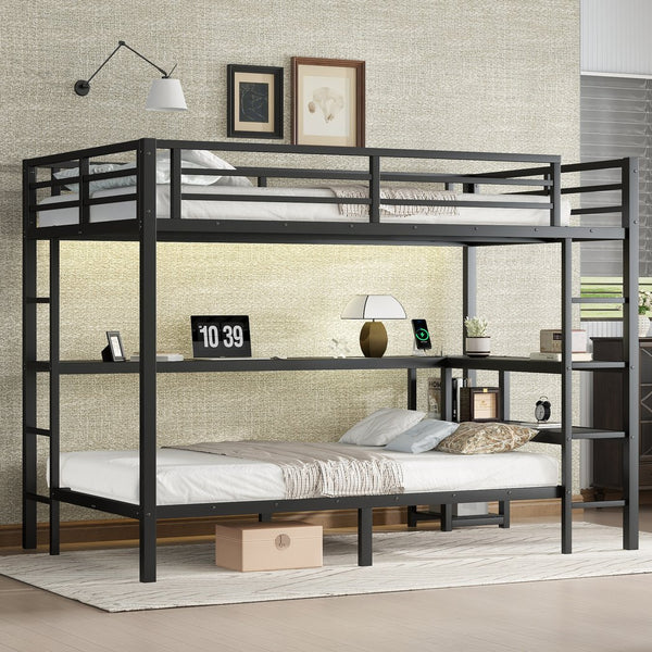 English Elm Full Over Twin Bunk Bed With Integrated Desk, Led Lighting & Usb Ports, Versatile Black Metal Design W1580S00127