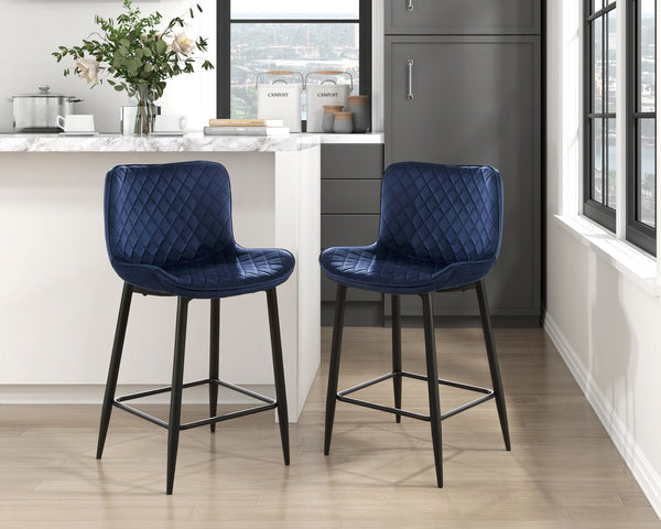 English Elm Set of 2 Counter Height Chairs with Diamond Stitch Velvet Upholstery and Sleek Black Metal Legs, 24" Seat Blue 21 L x 20.25 W x 24 H B011P234286