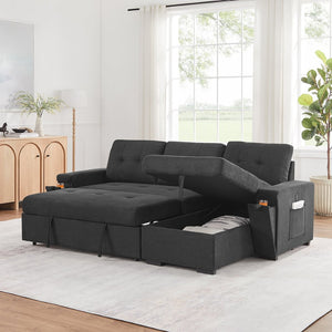 English Elm Toby Woven Fabric Sleeper Sectional with Storage Chaise Usb Ports and Coil Support Black B061S00955