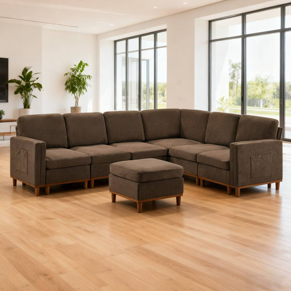 English Elm Modern Modular Sectional Sofa Plush Fabric Upholstery Reconfigurable Living Room Seating Brown W2085S00112