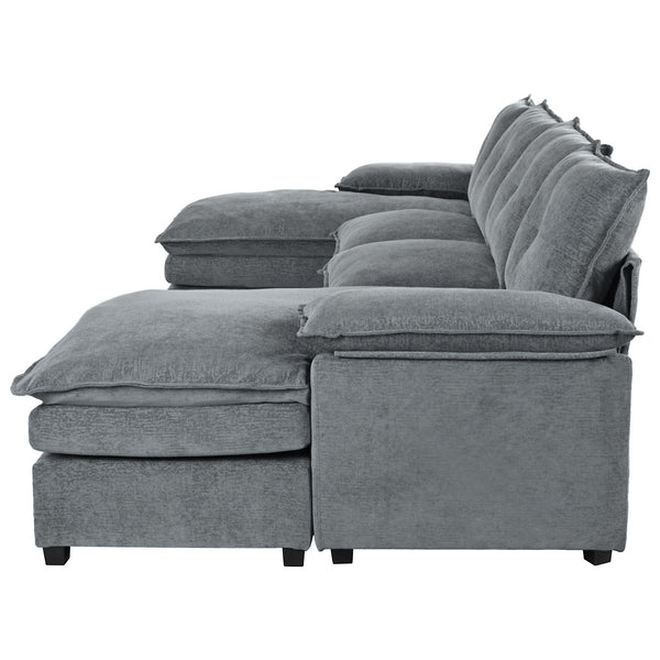 English Elm U_STYLE U-Shaped Chenille Sectional Sofa with Adjustable Armrests, 6-Seater, Removable Covers, Durable Construction Gray WY000430AAE
