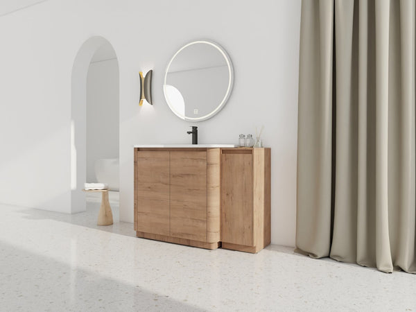 English Elm 48" Floating Bathroom Vanity Dual Ceramic Vessel Sinks Oak Finish Soft Close Doors W999S00512