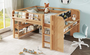English Elm Twin Low Loft Bed Solid Pine Frame Kids Study Desk Blackboard Storage White W1580S00571