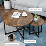 English Elm Homcom Round Coffee Table Set Of 2, Industrial Living Room Tables With Metal Frame, Circle Coffee Tables For Living Room, Rustic Brown