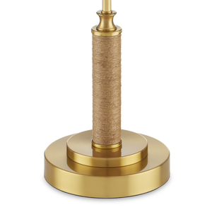 Ippolito Antique Brass Console Lamp with Jute Rope Accent - Elegant Off-White Linen Shade Design