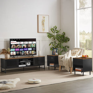 English Elm 63 Vintage Bevel TV Stand 63-inch Media Console with Drawers and Open Shelves, Rustic Artful Design Black+Brown W578P193305