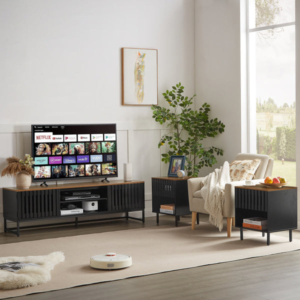 English Elm 63 Vintage Bevel TV Stand 63-inch Media Console with Drawers and Open Shelves, Rustic Artful Design Black+Brown W578P193305