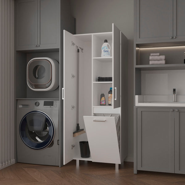 English Elm FM Mirage Modern Storage Cabinet with 2 Doors 1 Drawer Metal Legs White — Slim Organizer for Baths & Laundry B128S00195