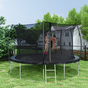 English Elm 14ft Trampoline with Curved Pole Enclosure Net Galvanized Frame and Safety Ladder W285P236466