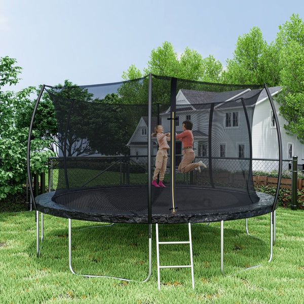 English Elm 14ft Trampoline with Curved Pole Enclosure Net Galvanized Frame and Safety Ladder W285P236466