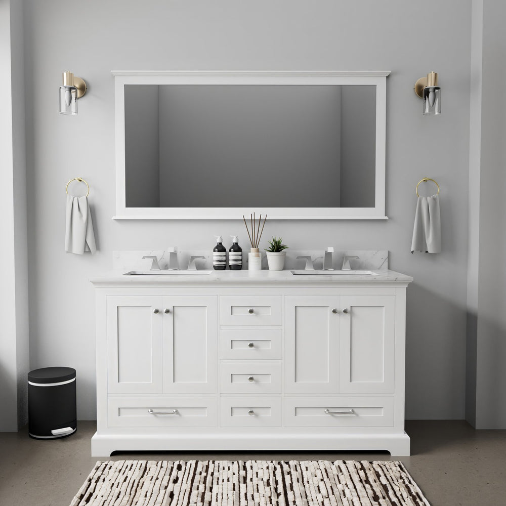 English Elm White Double Bath Vanity 60 in with Carrara Marble Top, Chrome Faucets, Soft-Close Drawers & Ample Storage B2731P258369