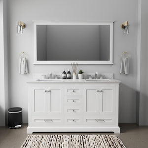 English Elm White Double Bath Vanity 60 in with Carrara Marble Top, Chrome Faucets, Soft-Close Drawers & Ample Storage B2731P258369