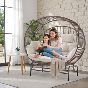 English Elm Oversized Pe Wicker Egg Glider Chair Two Person Patio Loveseat with Thick Cushions T3773P501788