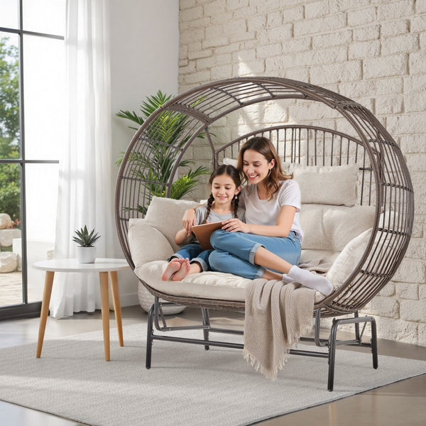 English Elm Oversized Pe Wicker Egg Glider Chair Two Person Patio Loveseat with Thick Cushions T3773P501788
