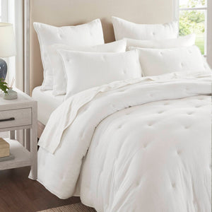 English Elm 3-piece Cotton Muslin Quilt Set Crinkled Texture Embroidered Tacking Breathable Bedding White B035P408347