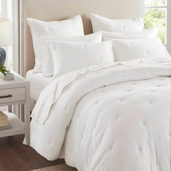 English Elm 3-piece Cotton Muslin Quilt Set Crinkled Texture Embroidered Tacking Breathable Bedding White B035P408347