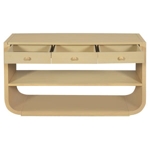 English Elm [video] Sculptural Console Table Pine Wood Curved Legs Soft-close Drawers Open Shelving Entryway Natural N759P433560N