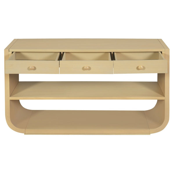 English Elm [video] Sculptural Console Table Pine Wood Curved Legs Soft-close Drawers Open Shelving Entryway Natural N759P433560N