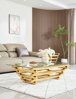 English Elm 55" Modern Stainless Steel Coffee Table with Clear Tempered Glass Top, Gold Finish, Industrial Chic Elegance W2978S00009