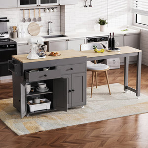 English Elm K&K 74.5" Kitchen Island with 27" Extendable Dining Table, 4 Doors, 2 Drawers, Spice Rack, Wheels Grey N707P333291G