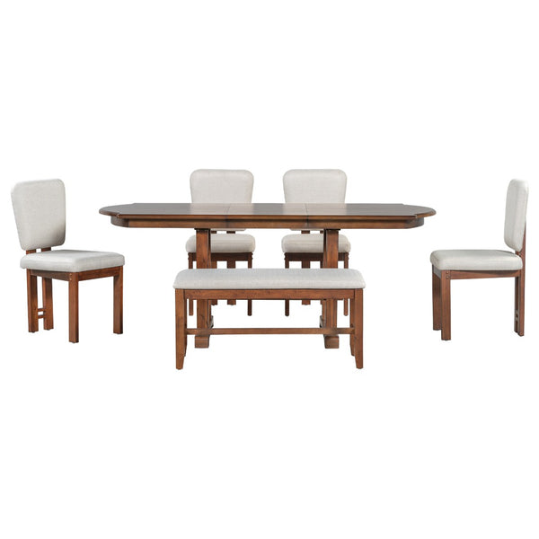 English Elm Topmax Extendable Rubberwood Dining Set Trestle Table Bench Four Upholstered Chairs N717S000090P
