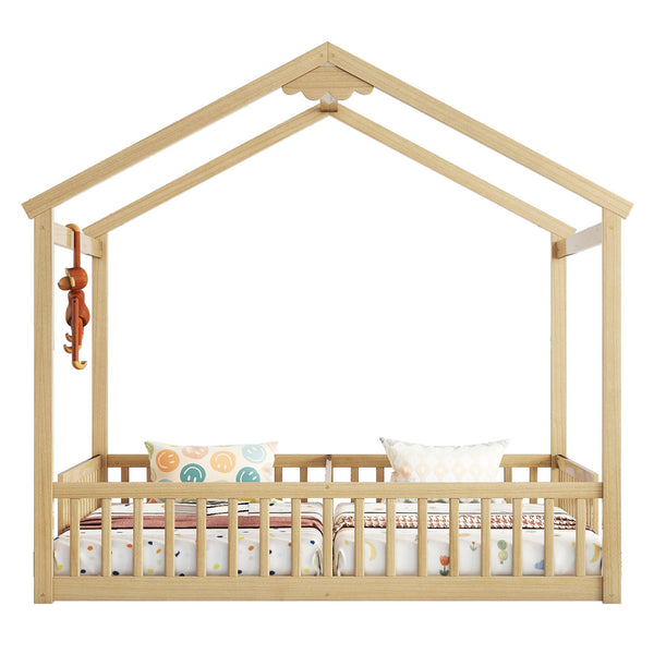 English Elm Double Twin House-Style Floor Bed with Fence Guardrails for Kids, Pine & Plywood Durable Design Natural W504P308461