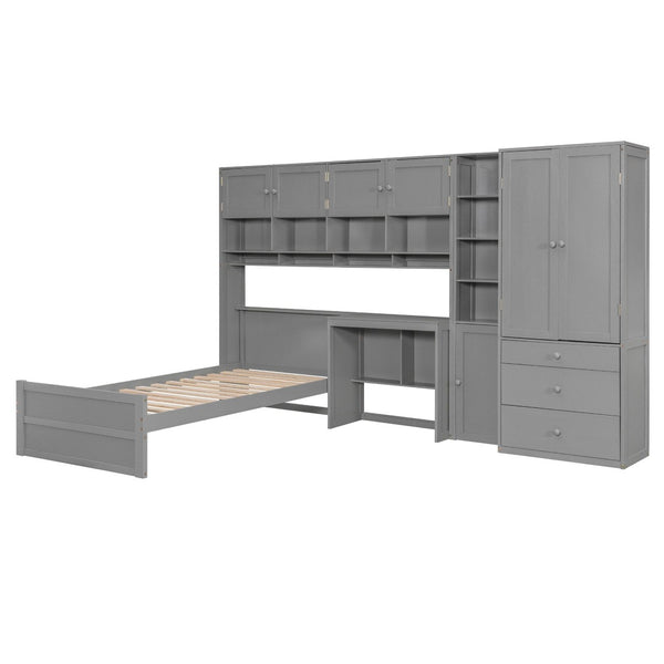 English Elm Wooden Twin Loft Bed with Built-in Desk Wardrobe Storage Drawers and Led Lighting N820S00069E