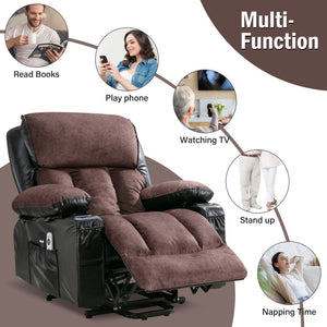 English Elm Power Lift Recliner Chair with Massage Heating Fleece Leather and Usb for Elderly Black+Brown W1807P299421