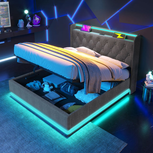 English Elm King Upholstered Bed with Surround LED, App/Remote Control, Hydraulic Storage, USB Type-C Charging Gray N736P188808G
