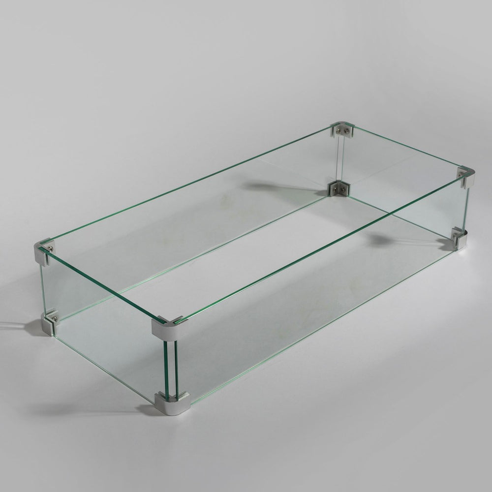 English Elm Rectangular Tempered Glass Fire Pit Wind Guard with Polished Aluminum Outdoor Patio Frame W853P206606