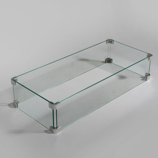 English Elm Rectangular Tempered Glass Fire Pit Wind Guard with Polished Aluminum Outdoor Patio Frame W853P206606