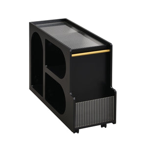 English Elm ON-TREND Mobile End Table with Locking Wheels, Fluted Tempered Glass Top, Gold Rod Accent, Sleek Storage Design Black N721P179241B
