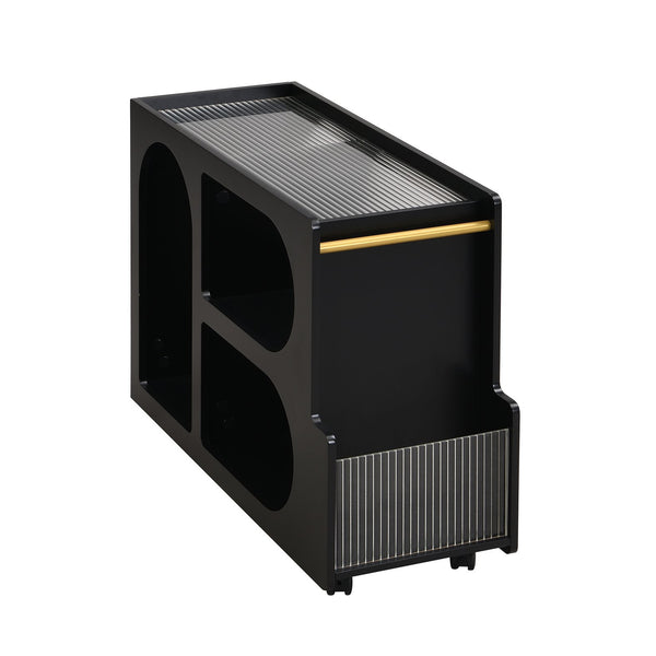 English Elm ON-TREND Mobile End Table with Locking Wheels, Fluted Tempered Glass Top, Gold Rod Accent, Sleek Storage Design Black N721P179241B