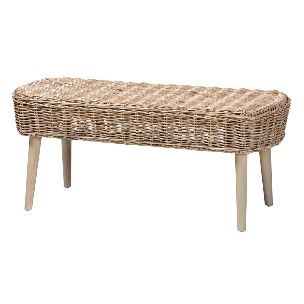 English Elm Modern Bohemian Woven Rattan Seat Mahogany Frame Entryway Bedroom Accent Bench B2750P467719