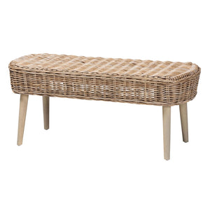 English Elm Modern Bohemian Woven Rattan Seat Mahogany Frame Entryway Bedroom Accent Bench B2750P467719