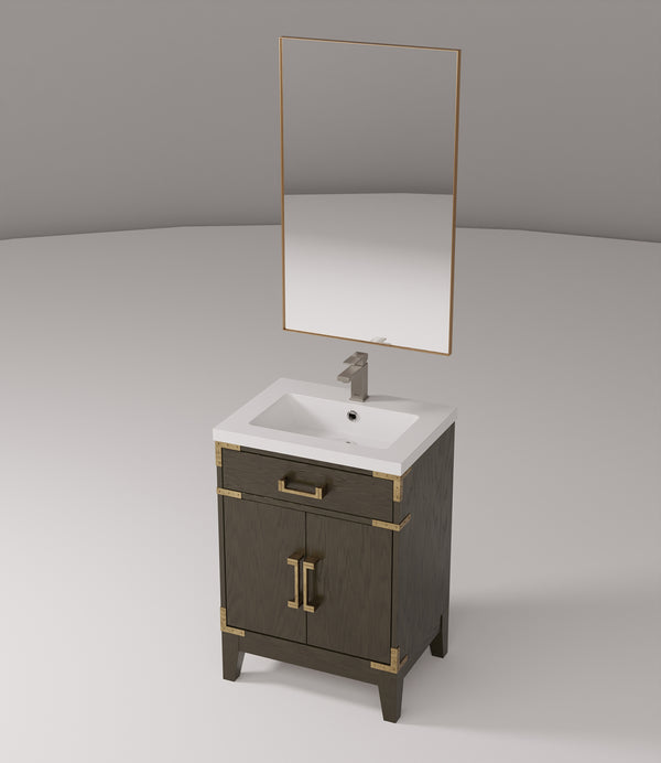 English Elm Brown Oak Single Bath Vanity 24" W x 18" D with Acrylic Top, 18" Mirror & Chrome Gooseneck Faucet Set B2731S02000